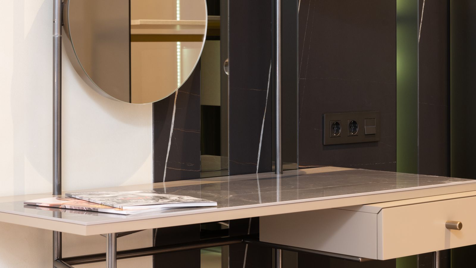 Bedroom vanity desk with mirror, jewelry organizer, and seating stool