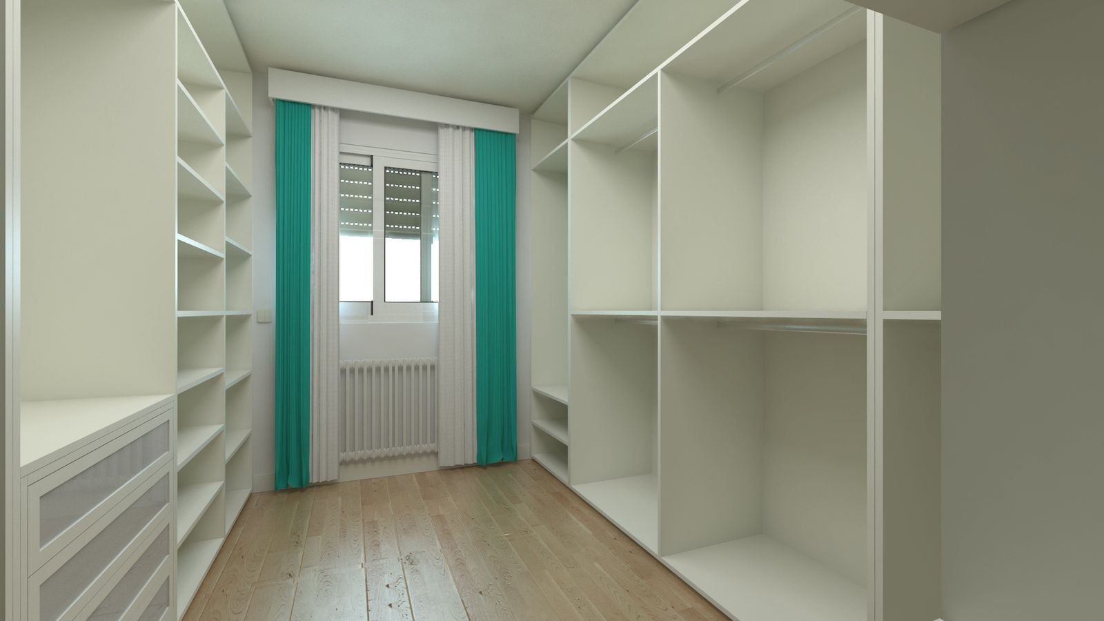 Neatly organized closet shelving with folded clothing and storage bins