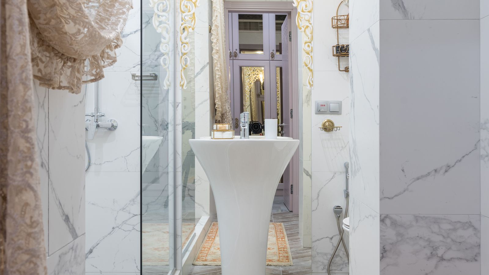 Soft bathroom rug placed in front of a modern bathroom vanity