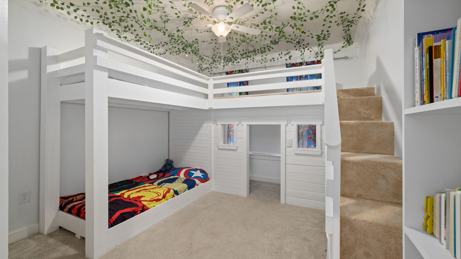 Cozy children's bedroom with a wooden kids bed and soft bedding