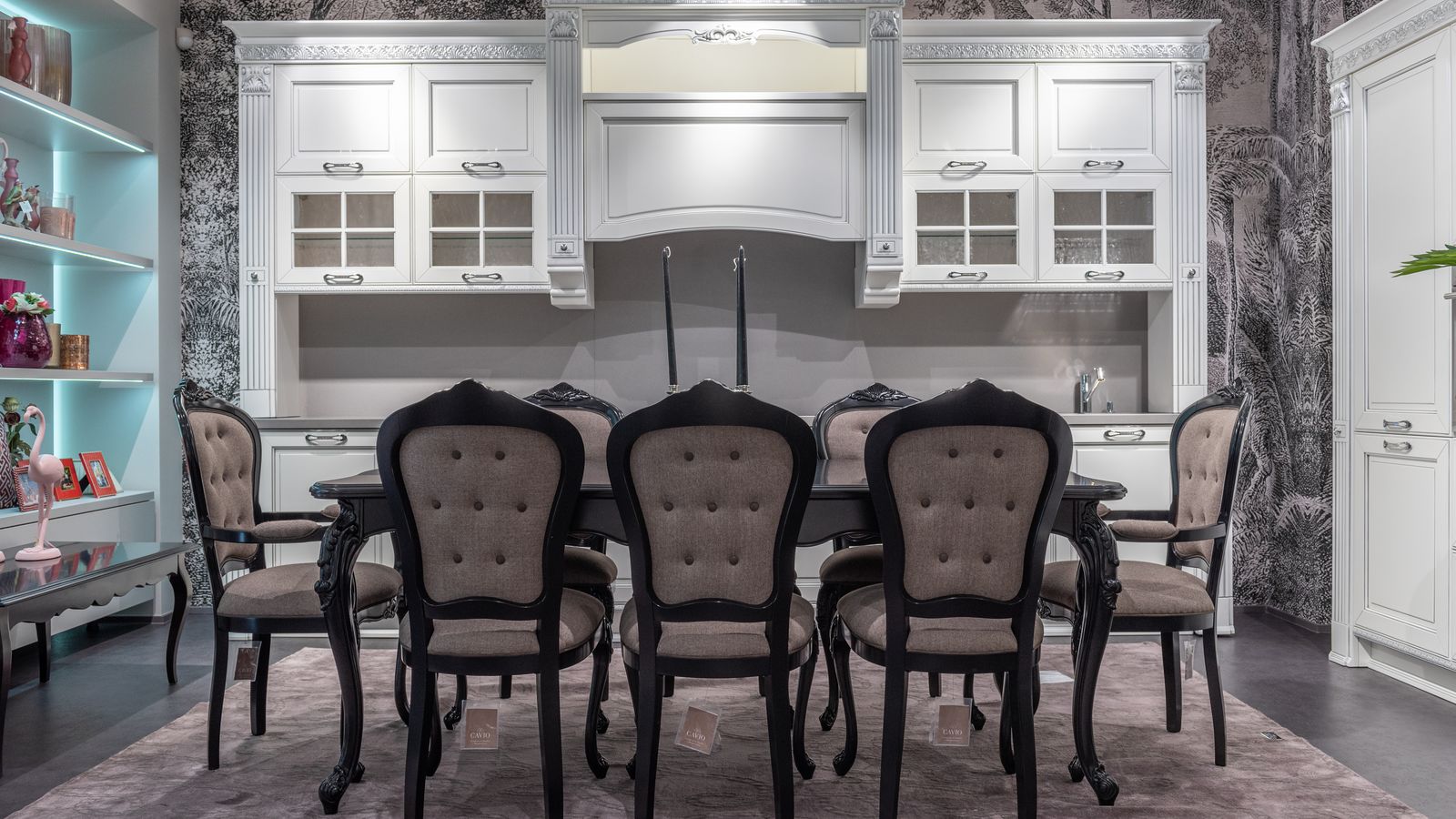 Neatly folded thermal curtain fabric styled with dining room decor accents