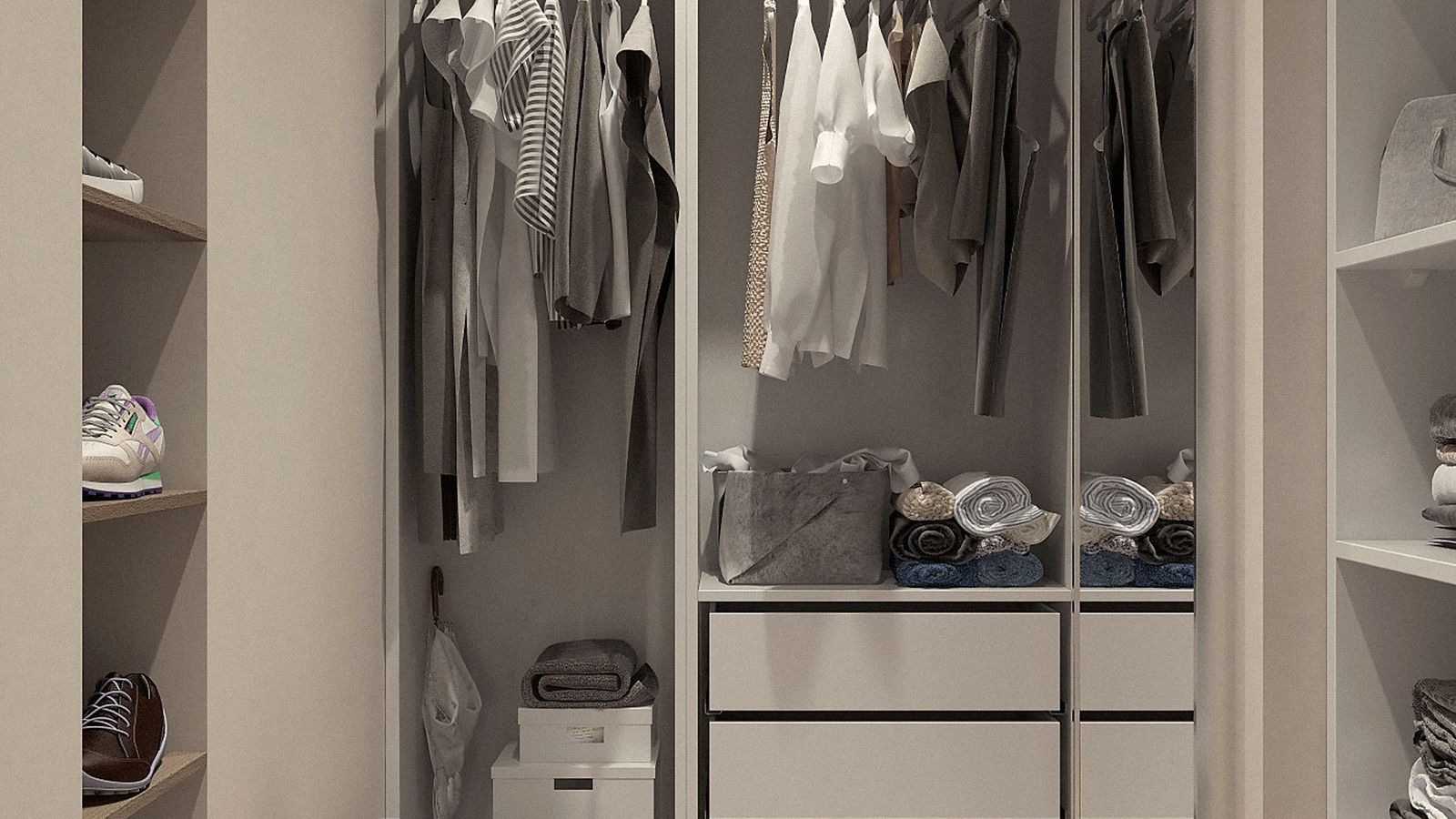 Fabric storage bins in coordinated neutral tones lined up on a shelf