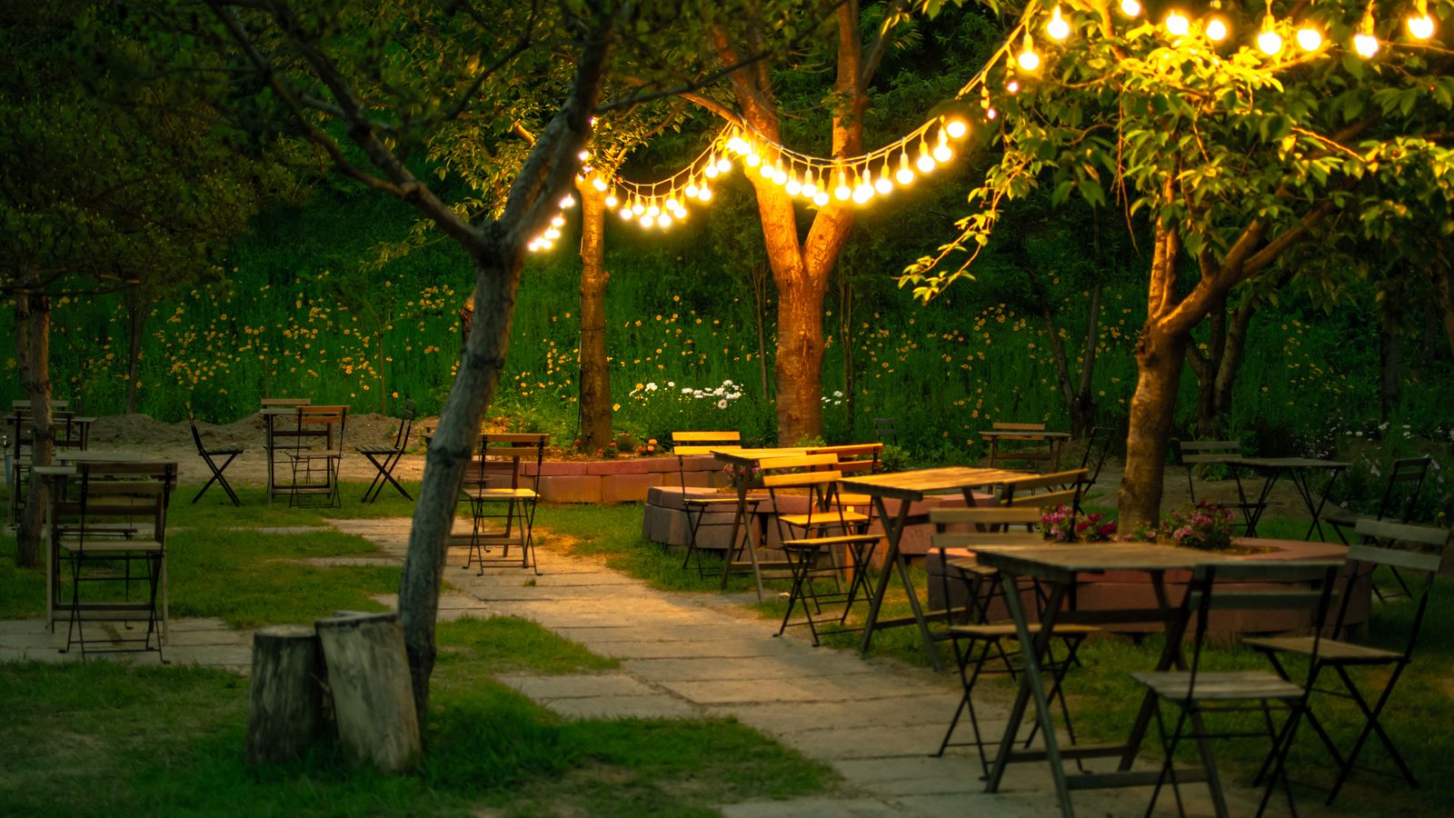Close-up of a low-profile pathway light casting soft downward light on pavers