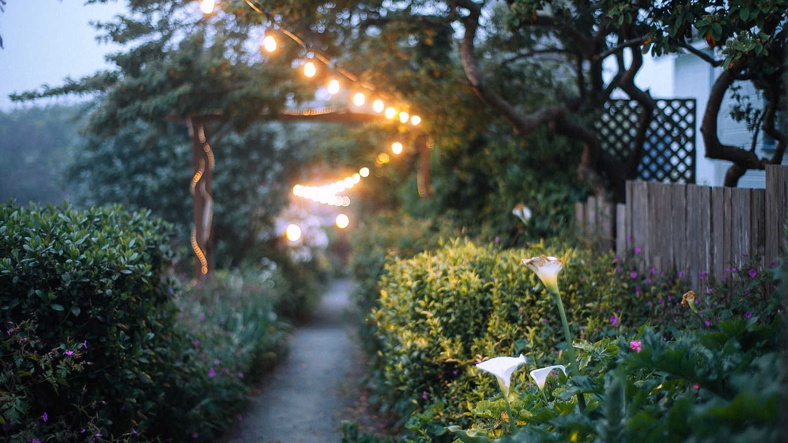 Solar-powered pathway light stake installed beside a garden bed