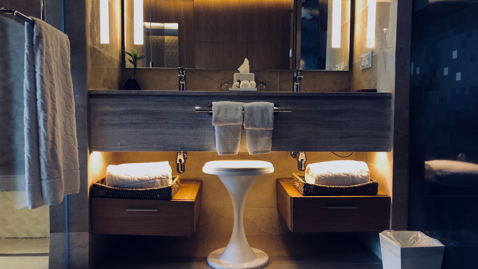Elegant modern bathroom vanity with storage cabinets and gold hardware accents