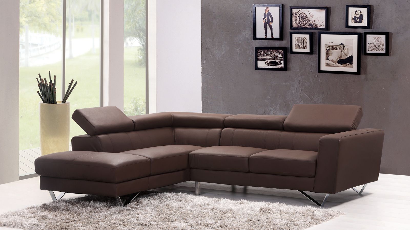 Living room sectional sofa positioned across from a media console and TV